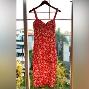 Red and White Floral Midi Dress with Slit